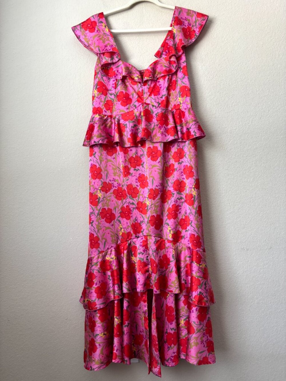 Show Me Your MuMu Pink + Red Floral Ruffle Midi Dress - Picture 2 of 12